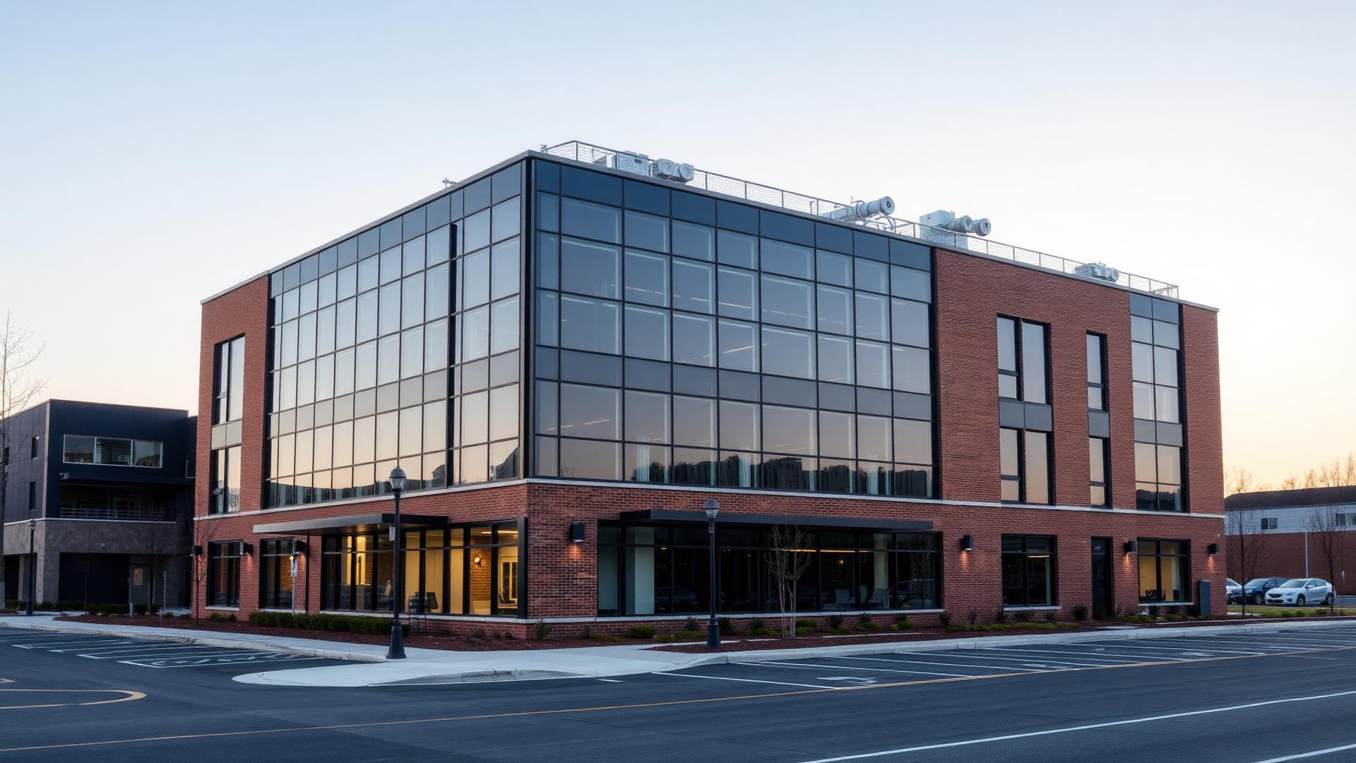 Commercial building with visible rooftop mechanical equipment